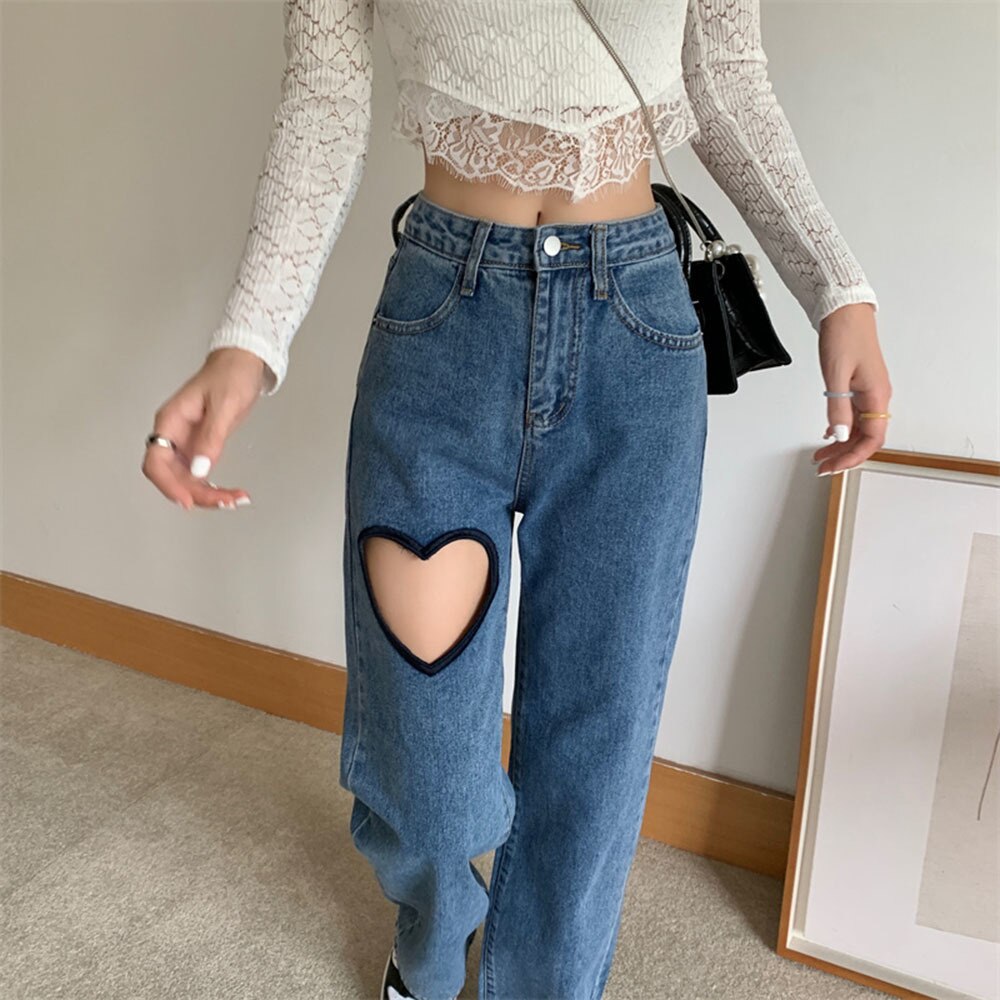 Harajuku Ripped Jeans Women 2022 Autumn Streetwear New High Waist Pants Korean Loose Casual Wide Leg Denim Long Trou
